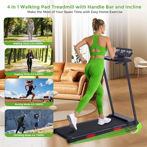 Image of Walking Pad Treadmill with Handle Bar, 3.0HP Portable Electric Treadmills for Home Exercising, 0.6-7.6MPH Mini Walking Pad Treadmill with Incline, Small Under Desk Treadmills for Home Small, 350LBS