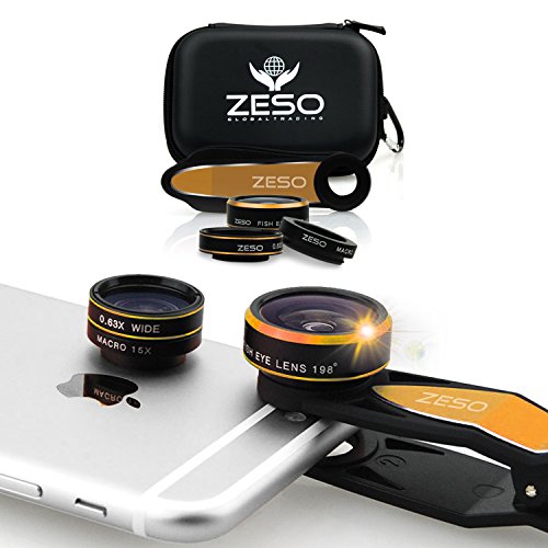 Cell Phone Camera Lens 3 in 1 Kit by Coral Entertainments, Professional Fisheye, Macro & Wide Angle Lenses | for iPhone, Samsung Galaxy, Android, iPads, Tablets | Universal Clip & Hard Case (Gold)