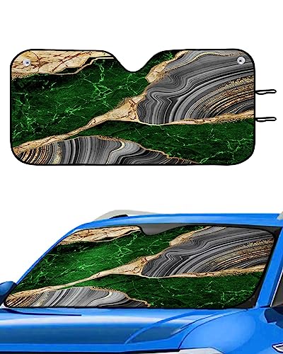 Front Car Windshield Sun Shade 27.5x55in, Abstract Emerald Green Grey Gold Marble Foldable Car Sunshade Blocks Sun UV Rays Protector Car Sun Visor Protector Keep Cool Car Sunshade