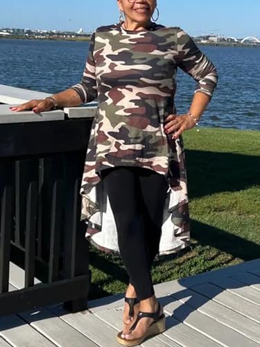 Famnbro Women's Camo Print Long Sleeve High Low Asymmetrical Ruffle Hem Camouflage Tops Blouse Shirt Dress3