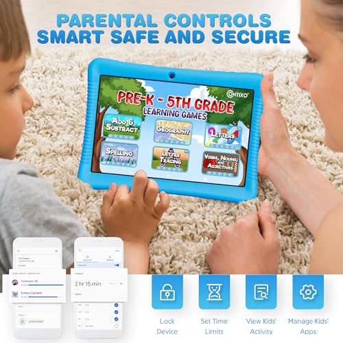 Image of Contixo K102 10 inch Kids Tablet Bundle - Wireless Kids Headphones, 32GB, Learning Educational Apps, Parental Controls, Dual Cameras, Shockproof Case with Kickstand & Stylus, Ages 3-7 - Blue