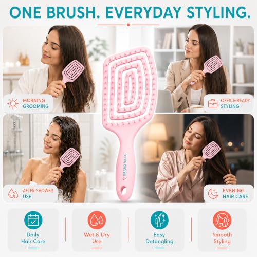 Image of BRAND VILLA Detangling Hair Brush for Women & Men | Anti Hair Fall Comb for Wet & Dry Hair | Flexible Vent Paddle Brush with Scalp Massager | Frizz Control for Curly, Straight, Thick, Long & Wavy Hair (Pink)