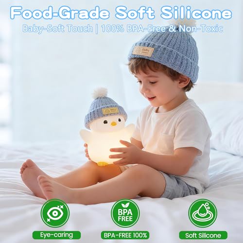 Image of FAMIDUO Pink Penguin Night Light,Cute Penguin Lamp with Hat for Kids /Mom | Squishy Silicone Nursery Nightlight, Rechargeable /Dimmable /Timer,LED Novelty Animal Bedside Light,Funny Gifts for Baby /Boys