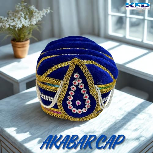 Image of Kaku Fancy Dresses Akbar Mughal King Pagdi Turban Safa Traditional Royal Headgear for Kids | Fancy Dress Costume Accessory for Historical Plays & Cultural Events - Blue
