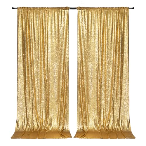 Image of PartyDelight Gold Sequin Backdrop 5x10ft 2 Panels 4 Inch Rod Pocket | Dense 3mm gold sequins on mesh backing with 4 inch rod pocket for wide reception walls head tables stages and layered event