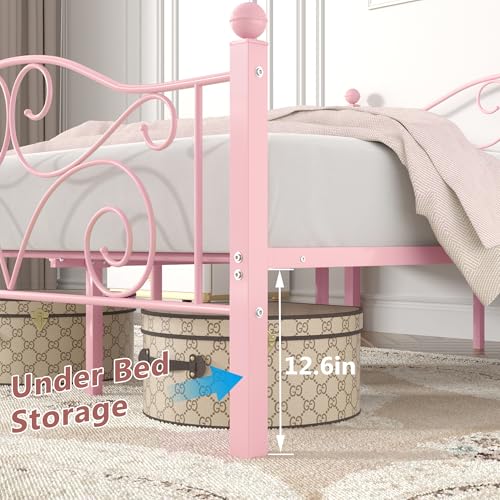 Image of VECELO Queen Size Bed Frame with Headboard and Footboard, Heavy Duty Metal Slat Support, Platform Mattress Foundation, No Box Spring Needed, Easy Assembly, Light Pink