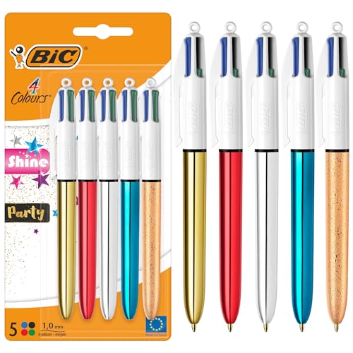 BIC 4 Colores Shine y Party Bolígrafo Retráctil de Punta Media (1,0 mm) en Plateado, Dorado, Rojo, Azul y Dorado con Efecto Congelado Metalizados - Pack de 5