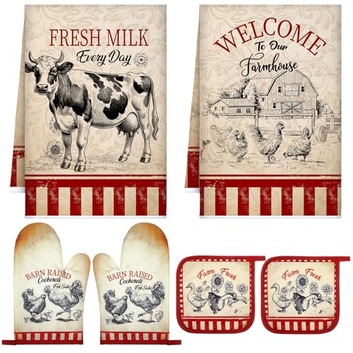 Leinuosen 6 Farmhouse Kitchen Decor Oven Mitts and Pot Holders Sets Farmhouse Kitchen Towels Absorbent Dish Towels for Cooking Baking Grilling(Red Black)