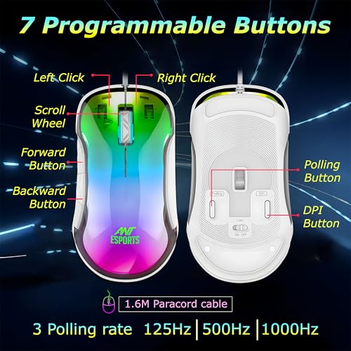 Image of Ant Esports GM610 7D Crystal Full RGB Gaming Mouse, Instant 825 Chip, 7 Adjustable DPI Up to 12800, Lightweight Mouse, 7 Buttons, Ergonomic Gamer Mice for Windows /Laptop /PC /Mac OS- White