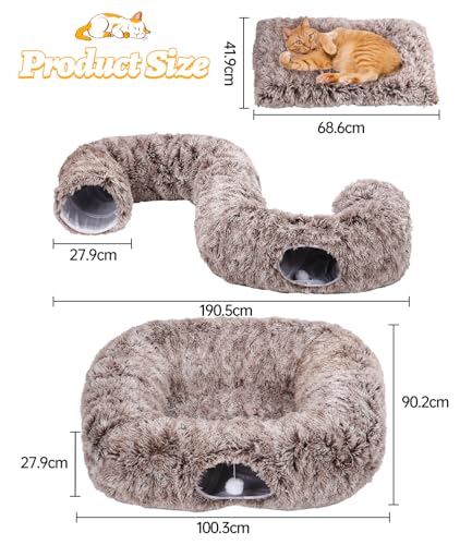 Vuxava XXL Katzentunnel Rechteckig Grau – Indoor Katzenspielzeug & Katzenhöhle mit weicher Liegefläche, 100×82 cm Bett & 180 cm Tunnel, 2 Eingänge, Waschbar & Abnehmbar
