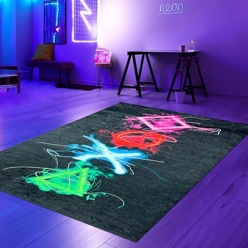 Teppich-Traum Teppich Gamingzimmer pflegeleicht robust leuchtende Symbole mit Neonfaben in bunt, 120...