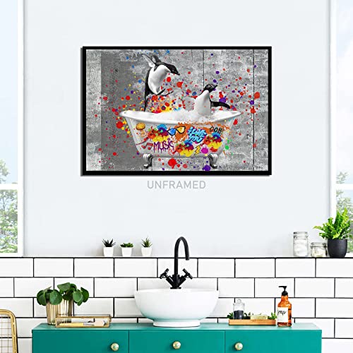Funny Animal Wall Art Penguin Picture Graffiti Canvas Art Animal Bathroom Wall Art Animals In Bathtub Art Funny Bathroom Poster Funny Penguin Canvas Graffiti Bathroom Wall Decor 16X24 Inch Frameless #TOP1