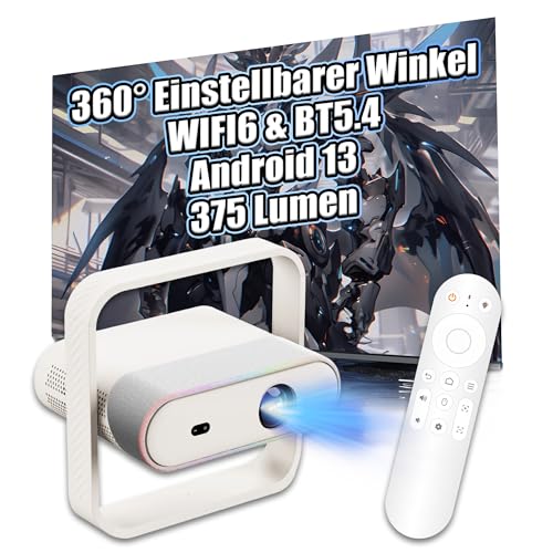 NSL03 WLAN Bluetooth Lautsprecher Smart Projektor, MT9266 Chip Videoprojektor mit 375 Lumen, 1080P, Android 13.0 Wireless Projektor für Schlafzimmer, Heimkino, Draußen, 360° Verstellbarer Winkel(Weiß)