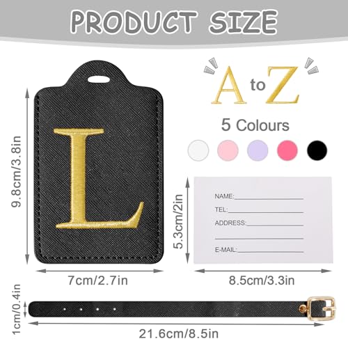 Image of Personalized Initial Luggage Tags for Suitcases, Cute PU Leather Embroidered Letter Travel Luggage Tags, Suitcase Identifier Name Baggage Tag, Bag Tags for Men Women Kids Luggage Handbags(Black L)