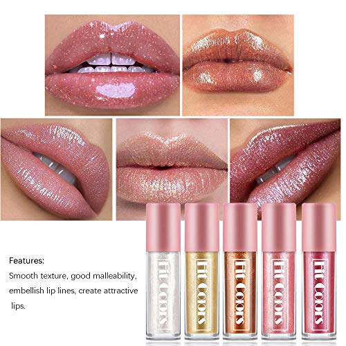 Ownest 5 Colors Shimmer Pearl Lip Gloss,Glitter Lip Gloss Set Metallic Diamond Lip Glaze Nude Lipstick Waterproof Non-stick Cup Moisturize Lip Gloss - Thumbnail 4