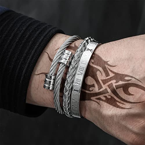 Funeia 3Pcs Stainless Steel Bracelet Set For Women Men Gold Black Silver Cuff Bracelet Mens Crown Twisted Cable Roman Numeral Bangle Bracelet Luxury Bracelets Jewelry Gifts #TOP2