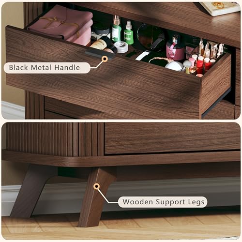 Image of HUAHUU Fluted 6 Drawers Dresser for Bedroom, 55 inch Mid Century Modern Dresser & Chests of Drawers, Curved Profile Design, Dresser TV Stand, for Entryway, Hallway, Walnut