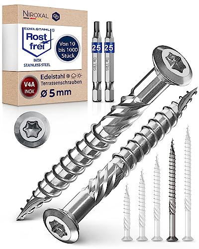 Viti a testa bombata per terrazze, 5 x 70, in acciaio inox A4, viti a testa bombata Torx, 5 mm, 500 pezzi, viti per legno Torx, lunghezza 70 mm, con 2 punte Torx
