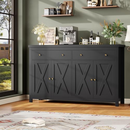 FOTOSOK Sideboard Buffet Cabinet with Storage, 55" Large Kitchen Storage Cabinet with 2 Drawers and 4 Doors, Wood Coffee Bar Buffet Table for Kitchen Dining Room, Black