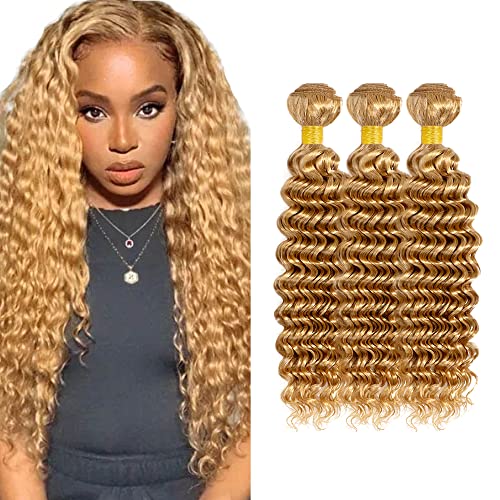 20 20 20 inch Honey Blonde Bundles Human Hair 27 Bundles Blonde Deep Wave Human Hair Bundles Wet and Wavy Bundles Double Weft Remy Blonde Human Hair Extensions for Women