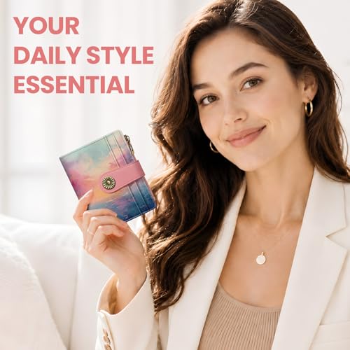 Image of Small Wallet for Women, RFID Blocking Bifold Card Holder Wallet with 10 Card Slots, Cash Compartment, Zipper Coin Pocket & ID Window, Cute Soft Vegan Leather Compact Wallet, Sunset