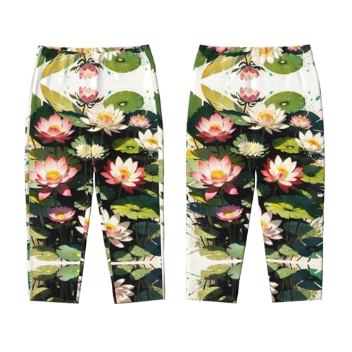 Pajama Pants Pajama Bottoms with Elastic Waistband Sleepwear Lounge Pants, Lotus Flowers Leaf3