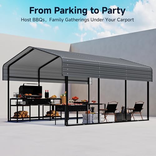 Image of 10x15FT Heavy Duty Metal Carport, Outdoor Carport Canopy with Galvanized Steel Roof and Reinforced Base,Removable Sidewalls & Door, Garage Shelter Shade for Cars,Trucks, Boats, Gray