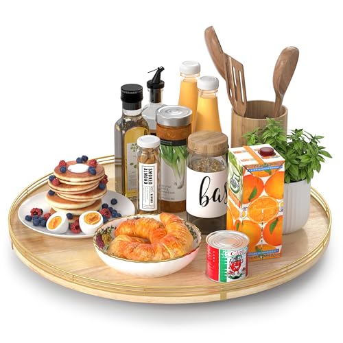 Image of 21-Inch Wooden Lazy Susan Turntable - Premium Oak & Iron, Extra Large Rotating Serving Tray for Dining Table, Kitchen Countertop, Farmhouse Decor, Spice Rack, Charcuterie & Entertaining