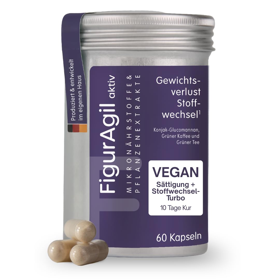 AgilNature Glucomannan Kapseln I 60 vegane Kapseln mit Konjak, Grünem Kaffee & Grünem Tee I Unterstützt Gewichtsverlust im Rahmen kalorienarmer Ernährung I Für Stoffwechsel I Made in Germany