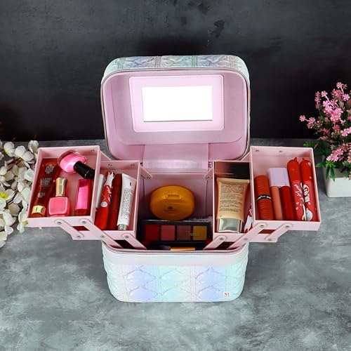 Image of NFI essentials Makeup Box, Vanity Bag, Cosmetic Storage Organiser for Women, Train Case Travel Makeup Pouch Organizer Brush Holder Make up Artist Bridal Trousseau Box for Girls (Quilted)