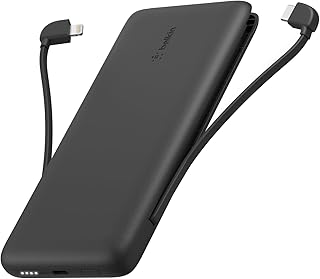 Belkin Portable Charger, Power Bank 10000 mAh, 23W w/Integrated Lightning Cable & USB-C Cable - iPhone Charger Battery Pack for Apple iPhone 16, 15, 14, Galaxy S25, Pixel 9, Travel Essentials - Black
