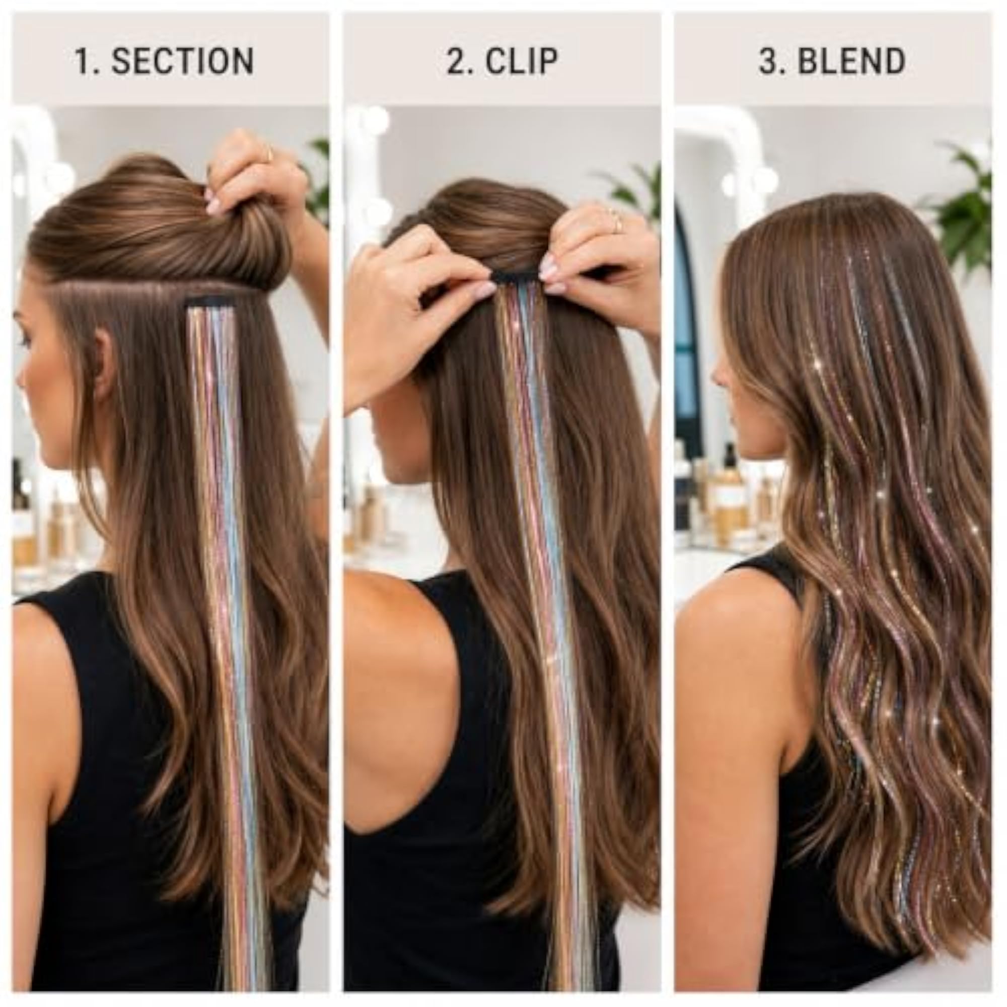 12Pcs Gold & Multicolor Clip-in Hair Tinsel Extensions