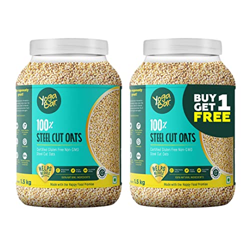 Image of Yogabar Steel Cut Oats 1.5 Kg|Buy 1 + 1 Free|Healthy Protein Breakfast Oatmeal|Premium & Gluten Free Oats|100% Whole Grain, Non Gmo|High In Iron & Fibre|1.5 Kg Pack Of 2|Plain|1 Count