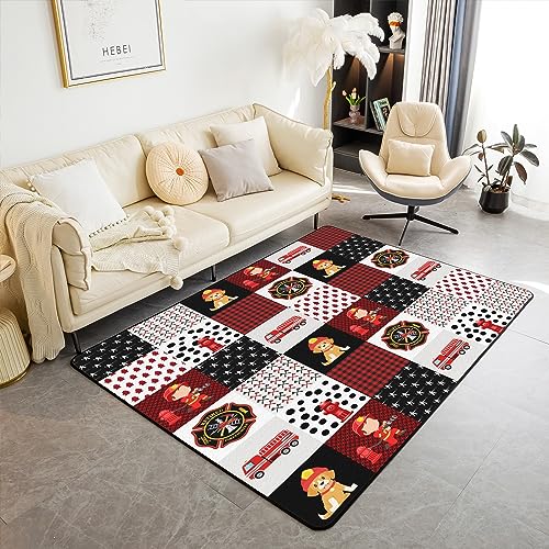 Fire Truck Decorative Carpet Red Cartoon Car Living Room Rugs for Kids Boys Girls Firefighter Indoor Floor Mat Firemen Car Vehicle Accent Rug Geometric Plaid Area Rug 5x7