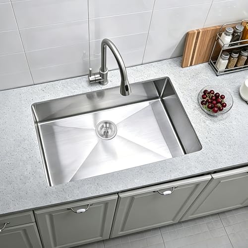 Image of 30 Inch Undermount Kitchen Sink, 30x18 Single Bowl Stainless Steel 16 Gauge Brushed Finish 9 Inch Deep Rectangular Handmade Basin Commercial Kitchen Sinks with Strainer