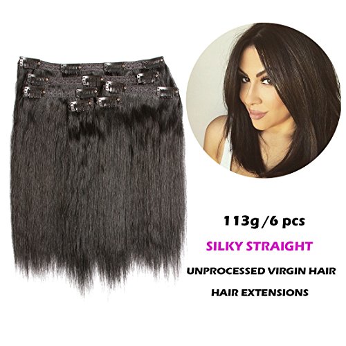 FASHION QUEEN Hair Clip In Hair Extensions Silky Straight 100% Virgin Remy Human Hair 12" Clip in Hair Extensions For Black Women 6 Pcs/Set (113g, 1 Jet Black)