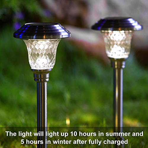 BEAU JARDIN Solar Pathway Lights 8 Pack Supper Bright Up to 12 Hrs Landscape Stake Glass Stainless Steel Waterproof Auto On/Off Sun Powered Garden Lighting for Yard Patio Walkway Outdoor Spike BG1671