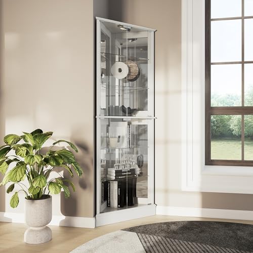 Image of BELLEZE Lighted Accent Corner Display Curio Cabinet with Tempered Glass Doors and Shelves, Classic Wood Cabinet w /Bulb, Corner Curio Storage Rack for Living Room, Bed-Room and Kitchen (White)
