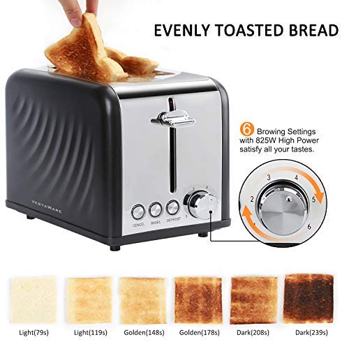 Vestaware 2 Slice Toaster, Extra Wide Slot Bread Bagel Toaster 2 Slice - Bagel/Defrost/Cancel Function, 6 Bread Shade Kitchen Toaster with Removable Crumb Tray for Bread Waffles, Stainless Steel
