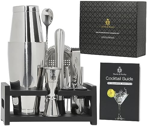 Hawke & Hanley Premium Boston Cocktail Shaker Set Bartender Kit - 12 Piece Mixology Bar Set with Weighted Boston Shaker, Bar Tools and a Black Bamboo Stand | Housewarming Gift Ideas - Thumbnail 3