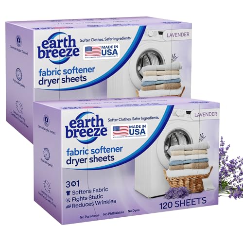 Earth Breeze Fabric Softener Dryer Sheets – Lavender, Hypoallergenic, No Harsh Chemicals, Safe Ingredients – Soft Clothes – Static Cling & Wrinkle Reducer – Gentle Fabric Care – Made in USA (2 Pack)