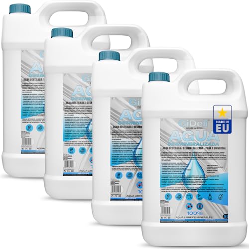 GiDeli Agua desmineralizada, 4 x 5 l, agua destilada para planchas, baterías, radiadores, humidificadores, acuarios y laboratorios, agua sin cal, inodoro, transparente