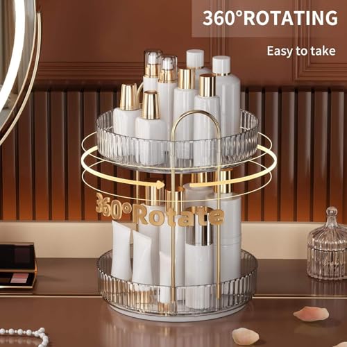 Image of Lazer 360 Rotating Makeup Organizer - 2 Tier Grey Vanity Storage for Dressing Table, Lipsticks, Nail Polishes, Skincare, Perfume & Cosmetics (High Capacity Clear Display)