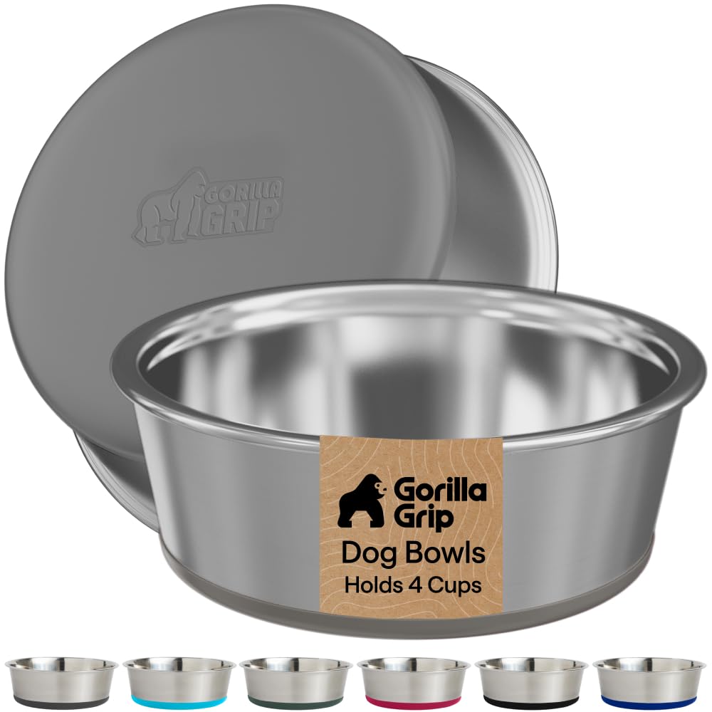 GORILLA GRIP Dog Bowls, Food Grade Stainless Steel, Set of 2, 4 Cup, Gray