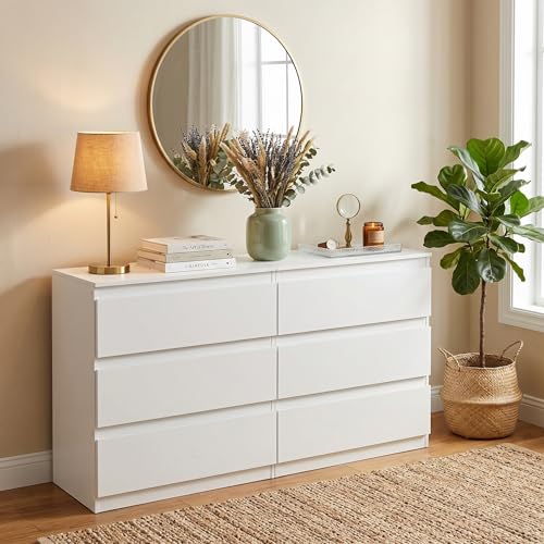 ZECIIYE Cómoda con 6 cajones, 30 cm de profundidad, 120 cm de ancho, 75 cm de alto, aparador moderno, de madera blanca, para salón, dormitorio, habitación juvenil, habitación infantil, pasillo