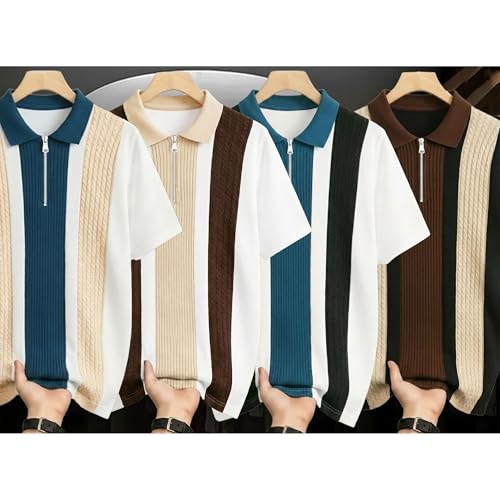 Image of AUSK Men's Retro Cable-Knit Quarter-Zip Polo | Premium Textured Self-Design Half Sleeve T-Shirt for Men