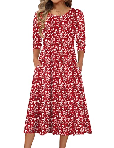 Zeagoo Midi Sundresses for Women Christmas Dress Red Floral Casual Three-Quarter High Waisted Cotton Summer Dresses with Pockets Crewneck Aline Sundress