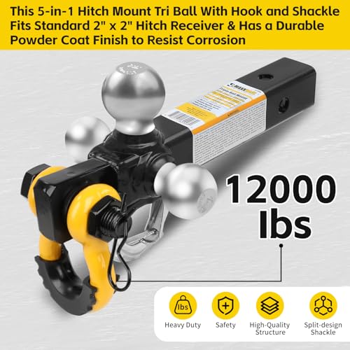 Image of MaxxHaul Tri Ball Hitch with Rotatable Tow Hook and D-Ring Shackle, Fits 2 inch Receiver, Heavy-Duty Steel, 12,000 lb Capacity, Multi Ball Mount for Towing & Recovery - (51008)