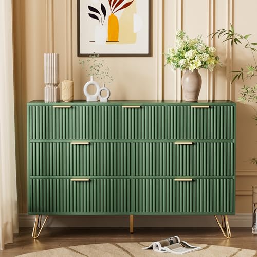 Image of Furniway Dresser for Bedroom, Fluted Modern Dresser with Gold Pulls and 7 Drawers, 15.7 inch D x 47.2 inch W x 31.4 inch H, Green