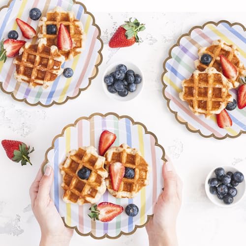 Image of Party Paper Plates, 50-Pack 9-Inch Bulk Disposable Decorative Paper Plates with Gold Scalloped Trim, Pastel Colors for Tea Party, Easter, Garden Party, and Bridal Showers, Pastel Rainbow Stripes